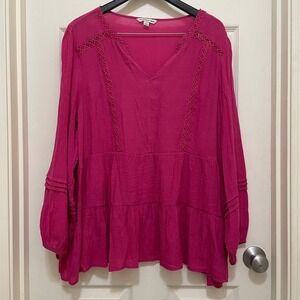 Zac & Rachel Boho Top Pink Rayon Blend Long Sleeve Tiered Flowy V-Neck Blouse 3X